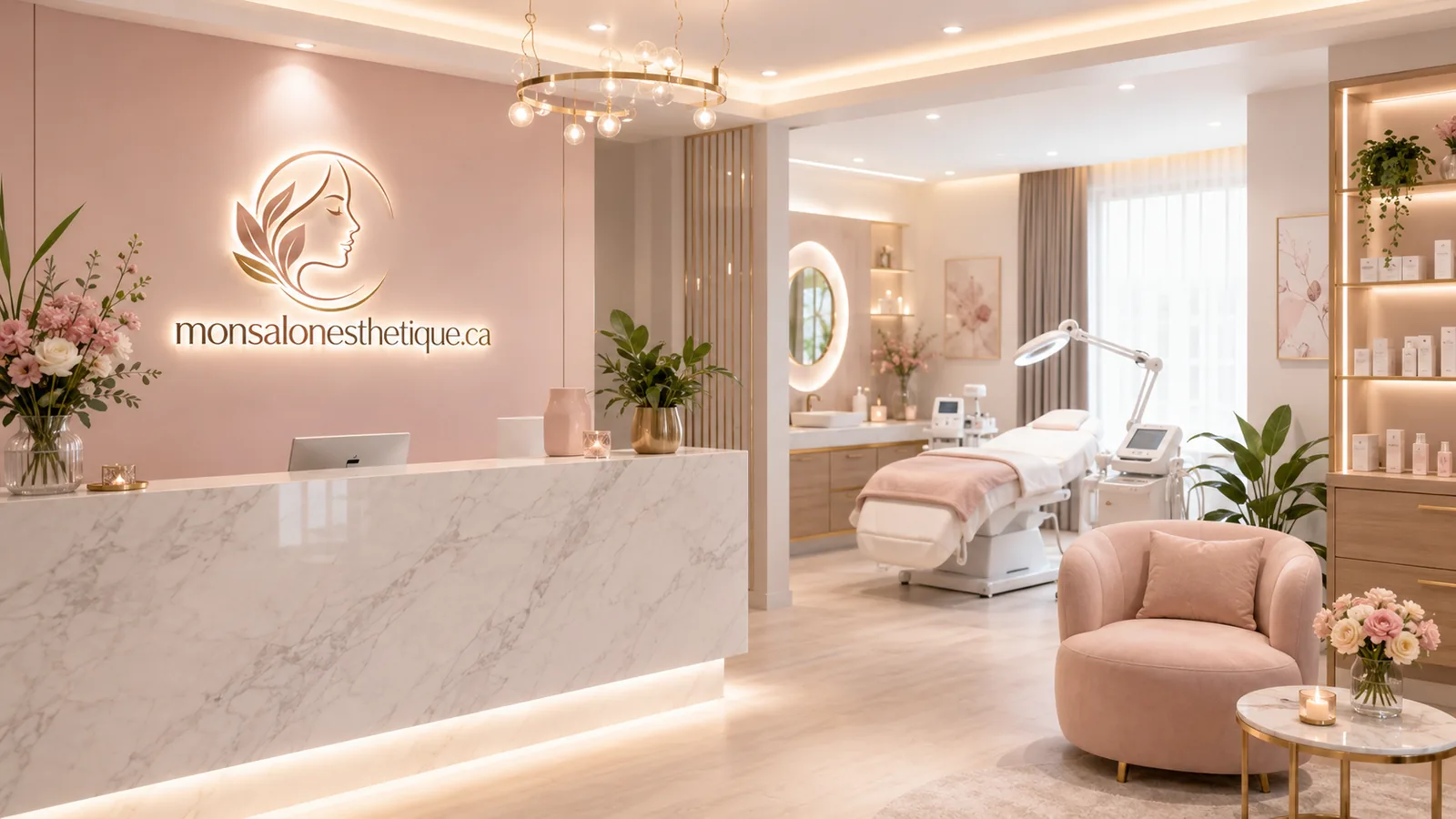 Réception d'un salon d'esthétique avec cabine de soin à l'arrière-plan