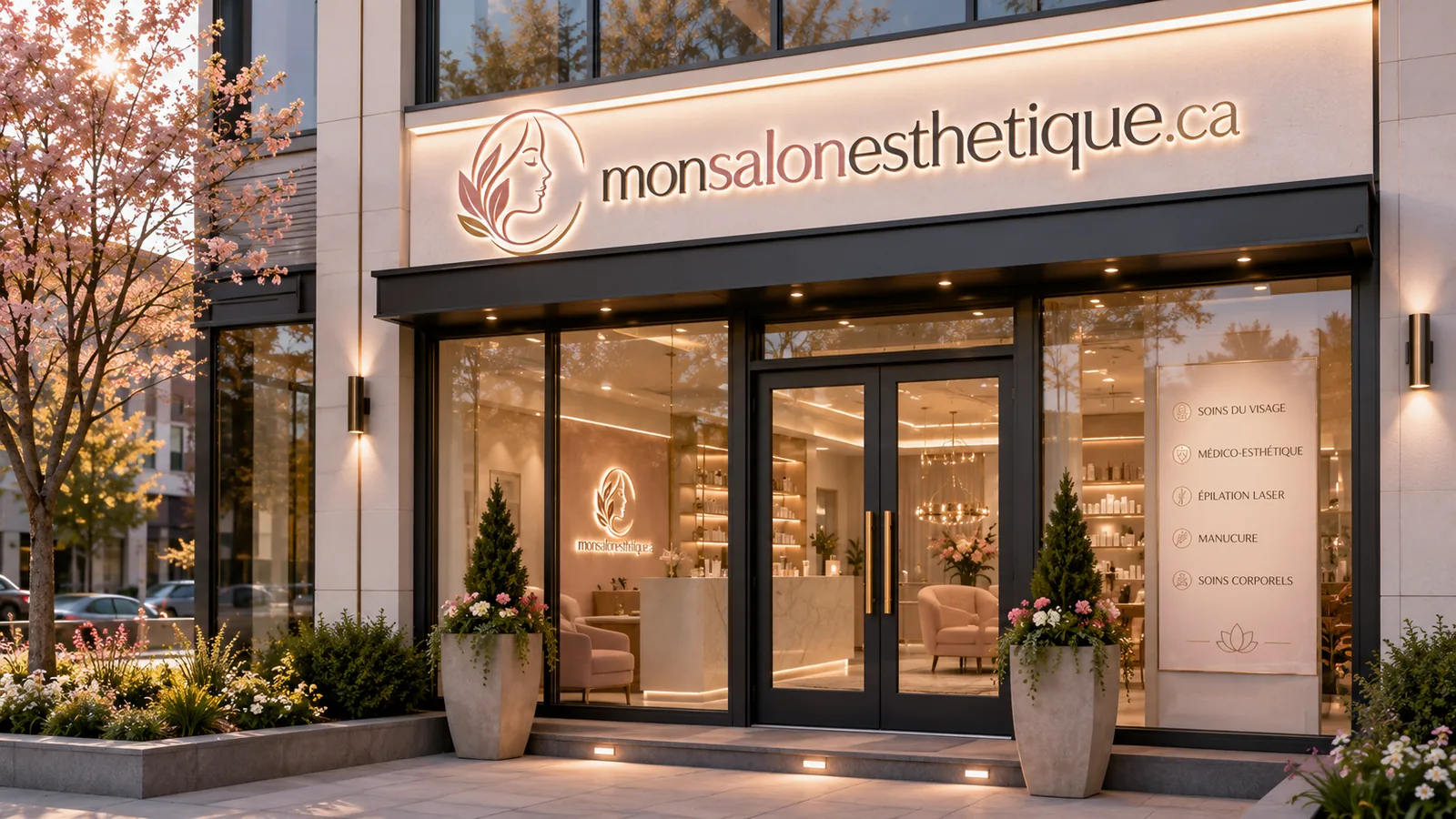 Façade et vitrine d'un salon d'esthétique en début de soirée