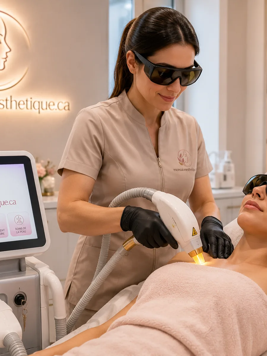 Séance d'épilation au laser avec lunettes de protection
